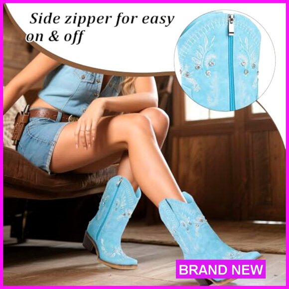 Rhinestone Embroidered Ankle Cowboy Boots Chunky Heel Western Booties Side - Picture 3 of 7